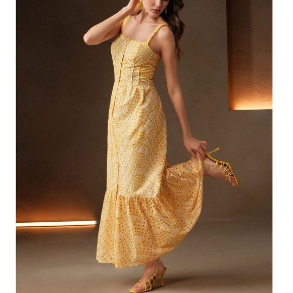 Boho Yellow Eyelet Button down High Waisted Maxi Dress - Picture 4 of 5